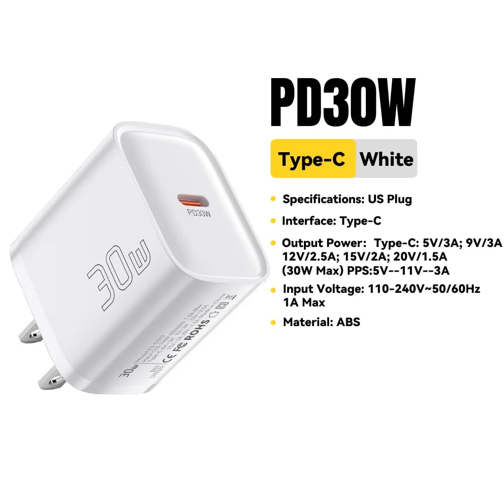 30W Mini USB-C PD ātrās uzlādes lādētājs