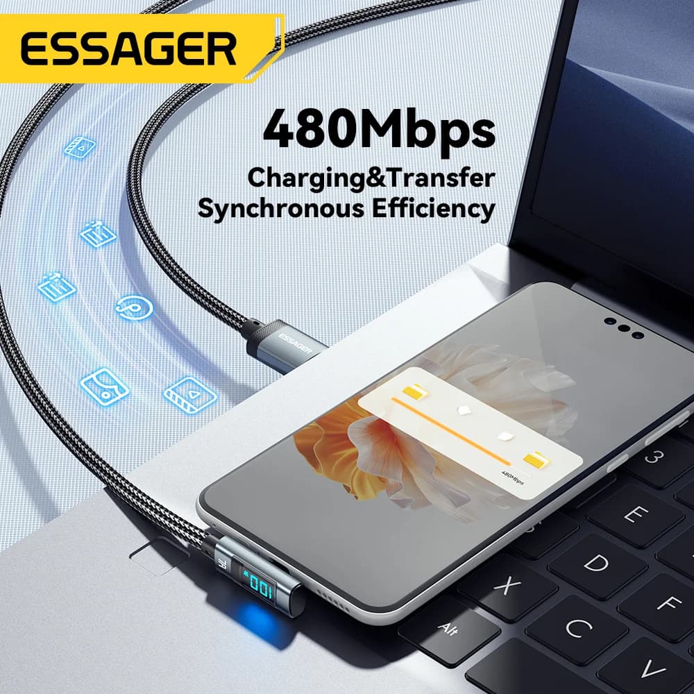 7A 100W Līkumaina USB-C kabelis ar digitālo displeju