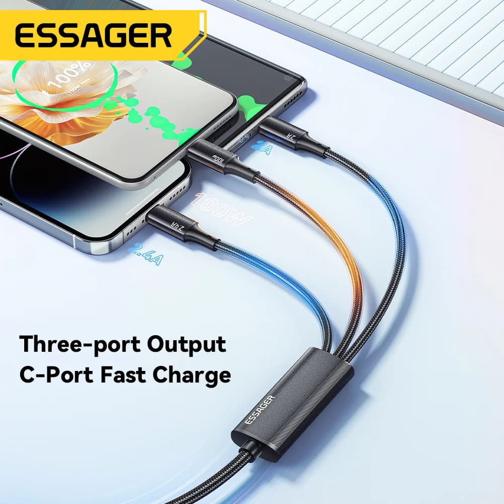 100W 3-in-1 USB-C uz Lightning uzlādes kabelis