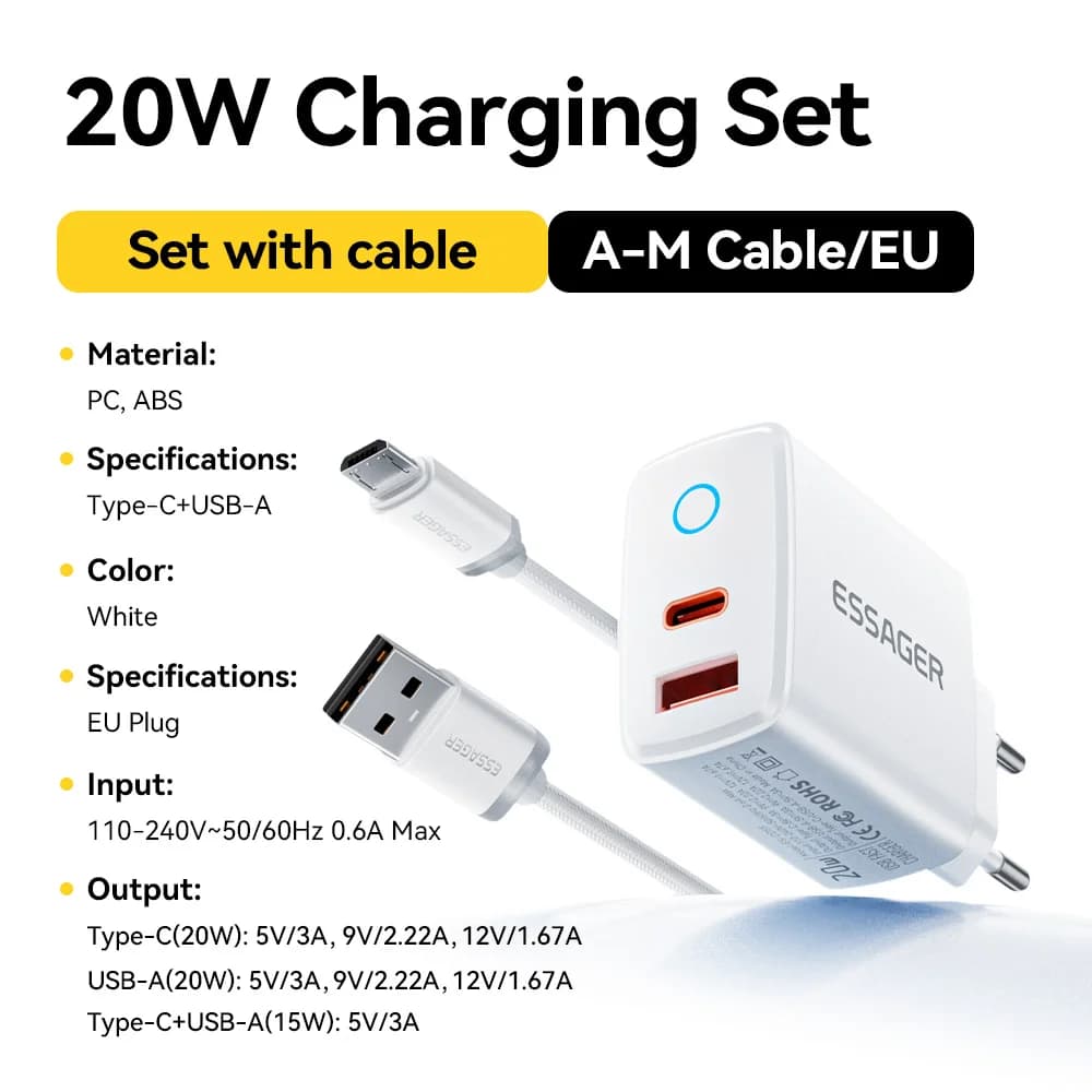20W USB-C PD ātrās uzlādes komplekts