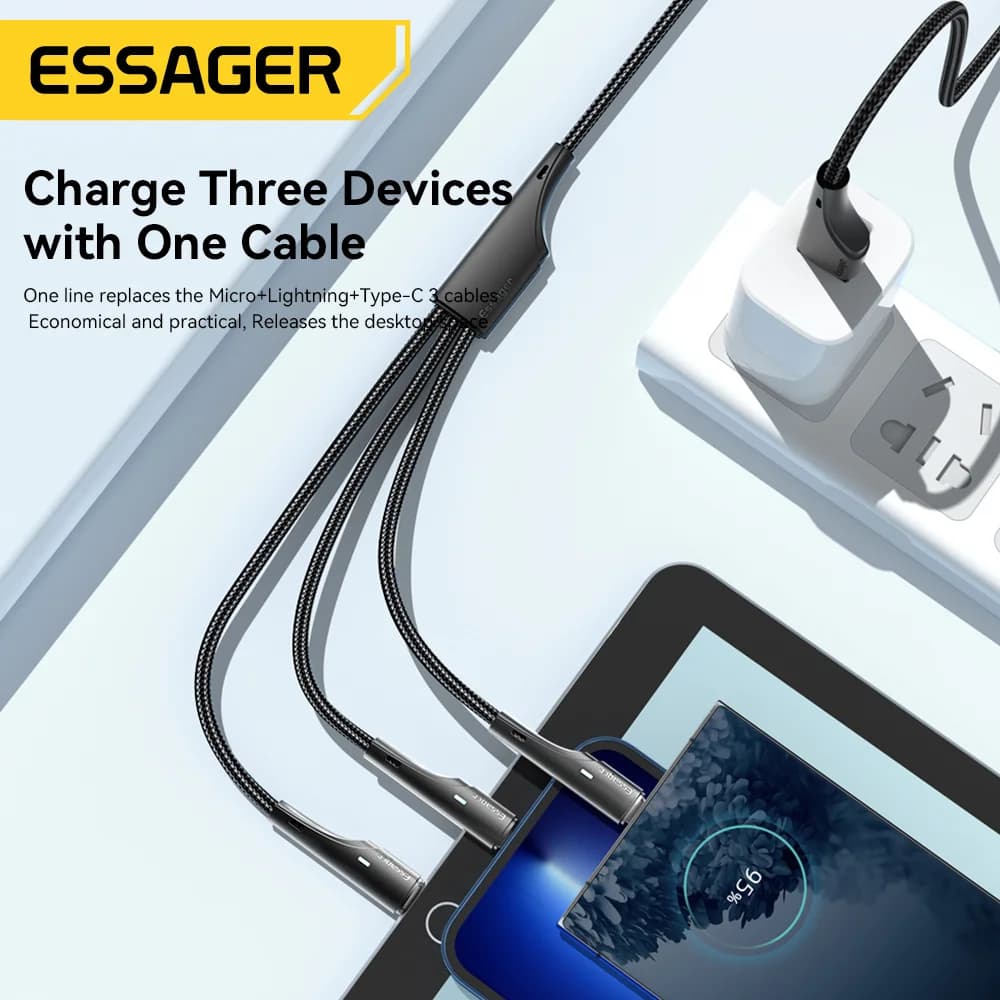 3-in-1 universāla uzlādes kabelis USB-C Micro USB Lightning