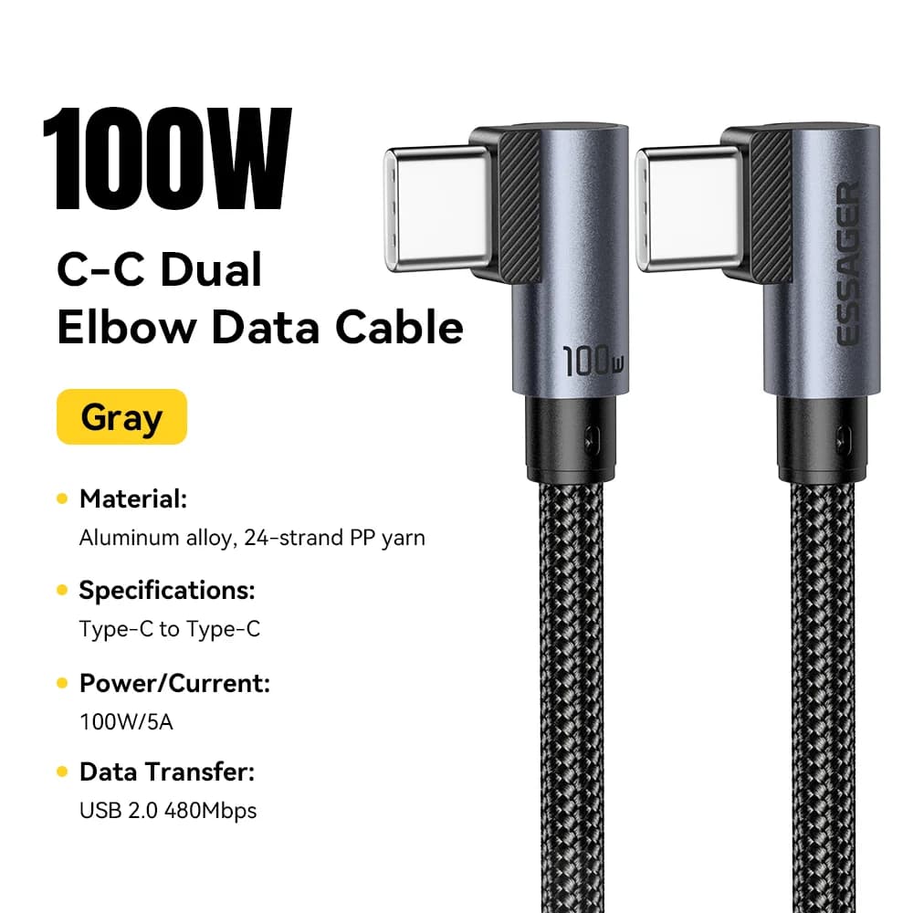 Līkumveida 100W USB-C uz USB-C ātrās uzlādes kabelis