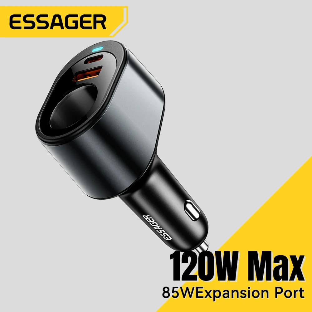 120W USB-C automašīnas lādētājs ar cigarešu šķiltavu portu